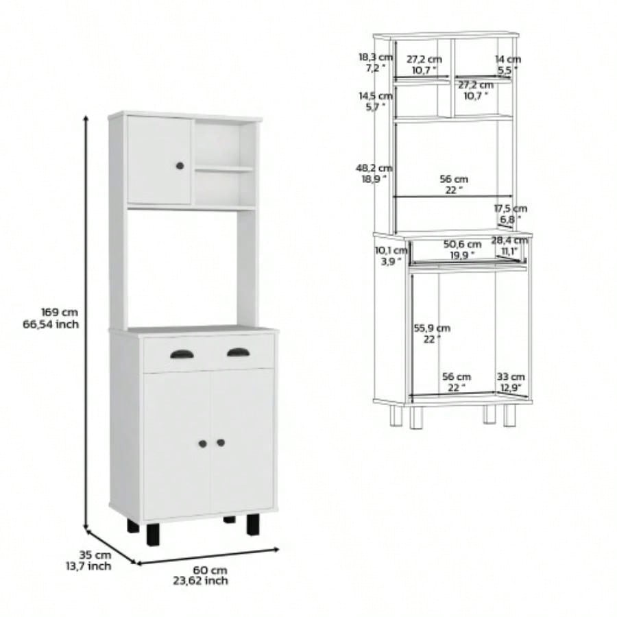 DEPOT E - SHOP Waco 67 H Kitchen Pantry with Two Cabinets, Two Open Shelves, and One Drawer, White