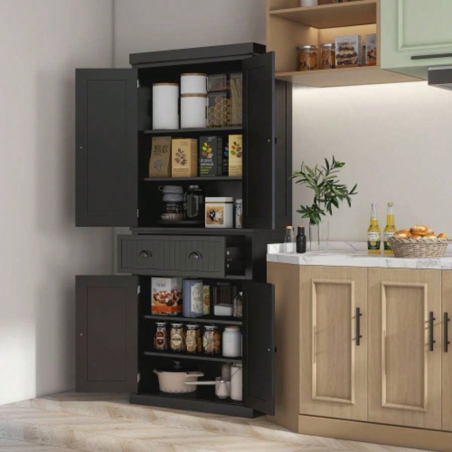 HOMCOM 72 Kitchen Pantry, Tall Storage Cabinet, Freestanding Cupboard with Drawer, Doors and Adjustable Shelves, Black