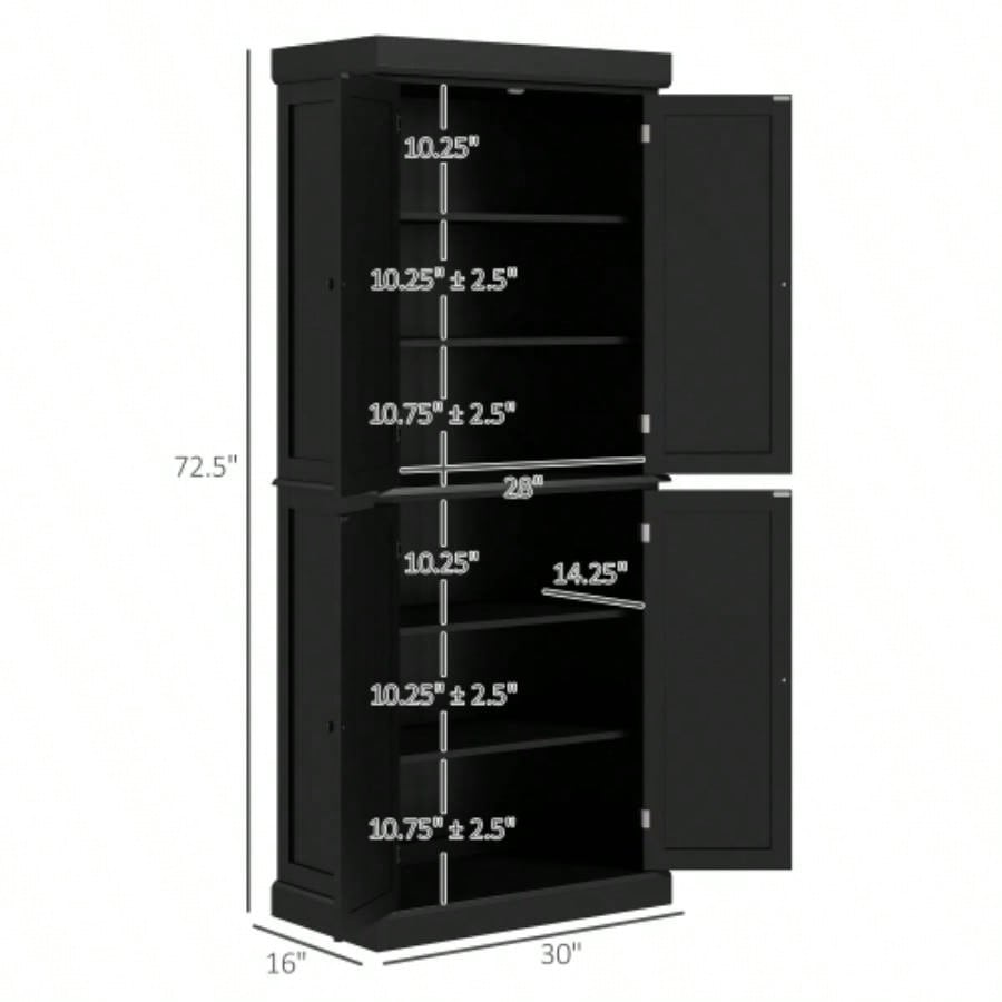 HOMCOM 72.5 Kitchen Pantry Storage Cabinet, Freestanding Kitchen Cupboard with 4 Doors and Adjustable Shelves Dining Room, MDF Black