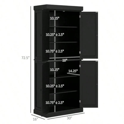 HOMCOM 72.5 Kitchen Pantry Storage Cabinet, Freestanding Kitchen Cupboard with 4 Doors and Adjustable Shelves Dining Room, MDF Black