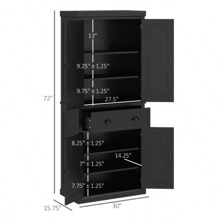 HOMCOM 72 Kitchen Pantry, Tall Storage Cabinet, Freestanding Cupboard with Drawer, Doors and Adjustable Shelves, Black