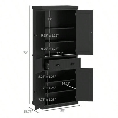HOMCOM 72 Kitchen Pantry, Tall Storage Cabinet, Freestanding Cupboard with Drawer, Doors and Adjustable Shelves, Black