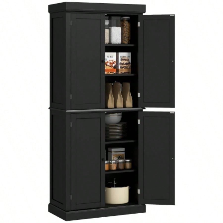 HOMCOM 72.5 Kitchen Pantry Storage Cabinet, Freestanding Kitchen Cupboard with 4 Doors and Adjustable Shelves Dining Room, MDF Black