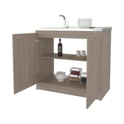 Haivana Utility Sink Base Cabinet with Double Doors and Interior Shelf, White Oak