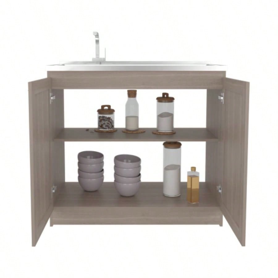 Haivana Utility Sink Base Cabinet with Double Doors and Interior Shelf, White Oak