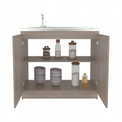 Haivana Utility Sink Base Cabinet with Double Doors and Interior Shelf, White Oak