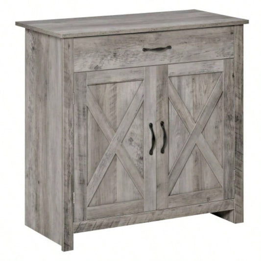 HOMCOM Farmhouse Sideboard Buffet Cabinet, Barn Door Style Kitchen Cabinet, 32 Accent cabinet Kitchen, Living Room or Entryway, Gray Wash