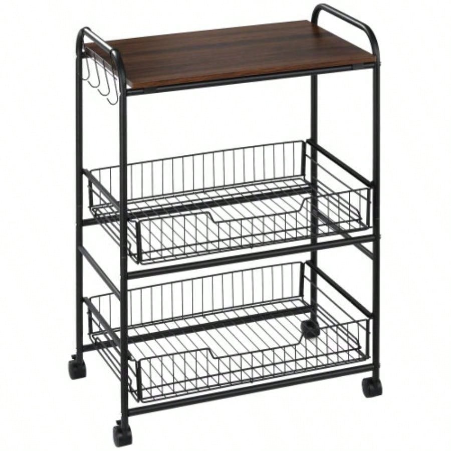 HOMCOM 3 Tier Rolling Kitchen Cart with Storage, Kitchen Island Cart on Wheels with 2 Sliding Fruit Basket, Microwave Cart with Side Hooks Dining Room, Walnut