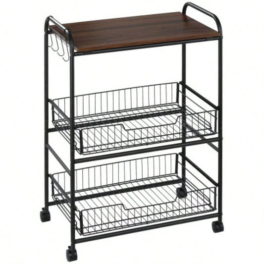HOMCOM 3 Tier Rolling Kitchen Cart with Storage, Kitchen Island Cart on Wheels with 2 Sliding Fruit Basket, Microwave Cart with Side Hooks Dining Room, Walnut