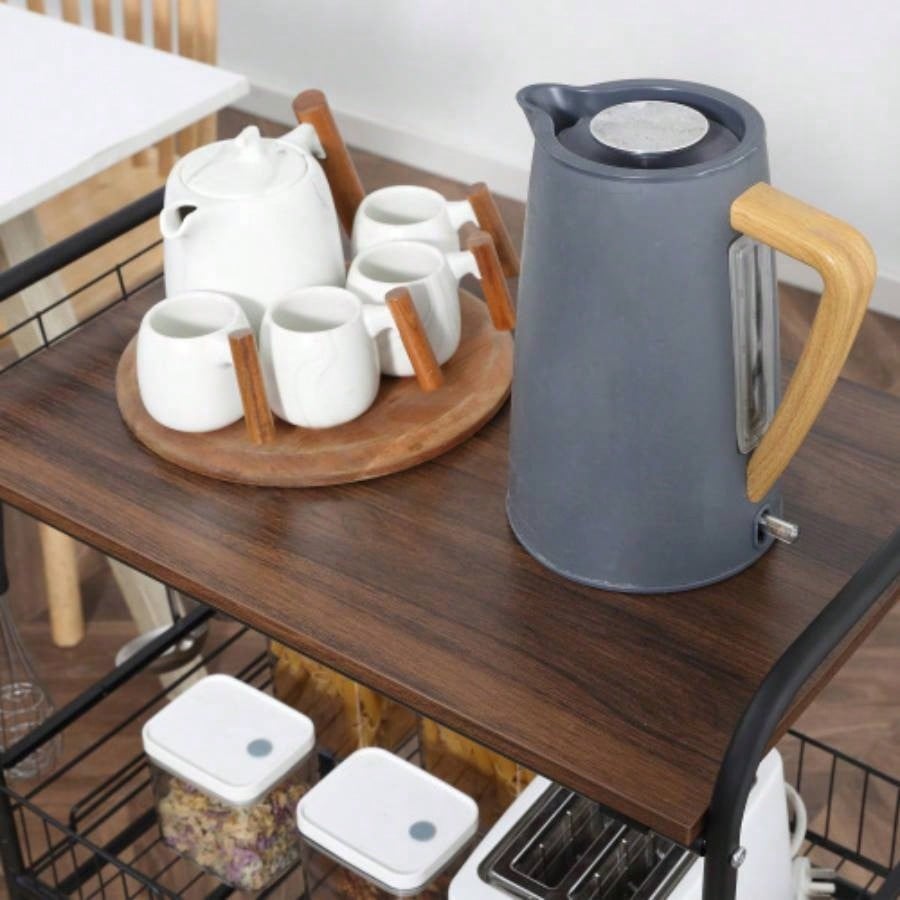 HOMCOM 3 Tier Rolling Kitchen Cart with Storage, Kitchen Island Cart on Wheels with 2 Sliding Fruit Basket, Microwave Cart with Side Hooks Dining Room, Walnut