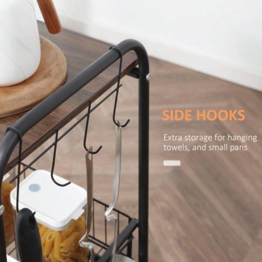 HOMCOM 3 Tier Rolling Kitchen Cart with Storage, Kitchen Island Cart on Wheels with 2 Sliding Fruit Basket, Microwave Cart with Side Hooks Dining Room, Walnut