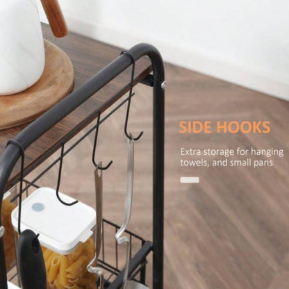 HOMCOM 3 Tier Rolling Kitchen Cart with Storage, Kitchen Island Cart on Wheels with 2 Sliding Fruit Basket, Microwave Cart with Side Hooks Dining Room, Walnut