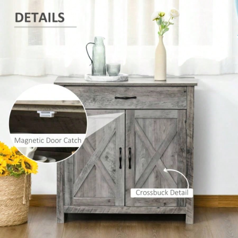 HOMCOM Farmhouse Sideboard Buffet Cabinet, Barn Door Style Kitchen Cabinet, 32 Accent cabinet Kitchen, Living Room or Entryway, Gray Wash