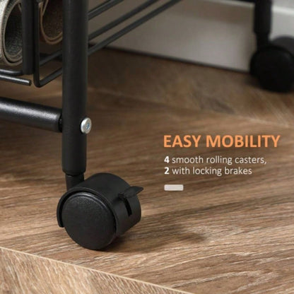 HOMCOM 3 Tier Rolling Kitchen Cart with Storage, Kitchen Island Cart on Wheels with 2 Sliding Fruit Basket, Microwave Cart with Side Hooks Dining Room, Walnut