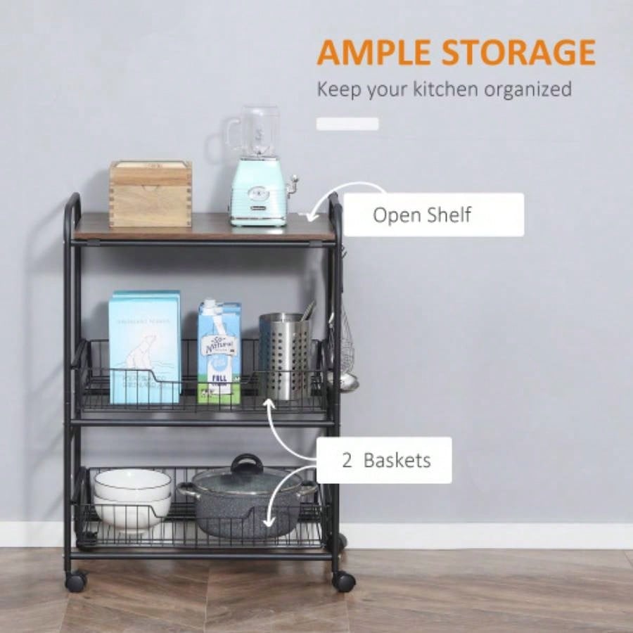 HOMCOM 3 Tier Rolling Kitchen Cart with Storage, Kitchen Island Cart on Wheels with 2 Sliding Fruit Basket, Microwave Cart with Side Hooks Dining Room, Walnut