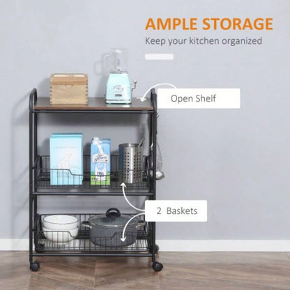 HOMCOM 3 Tier Rolling Kitchen Cart with Storage, Kitchen Island Cart on Wheels with 2 Sliding Fruit Basket, Microwave Cart with Side Hooks Dining Room, Walnut