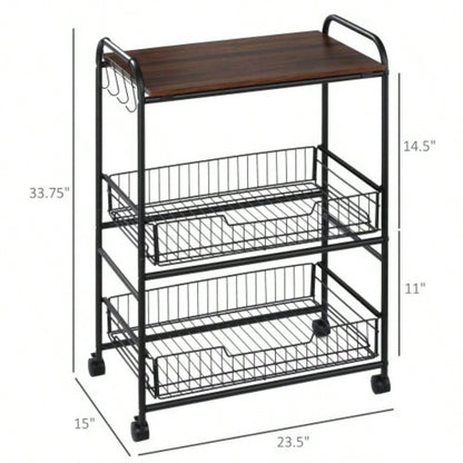 HOMCOM 3 Tier Rolling Kitchen Cart with Storage, Kitchen Island Cart on Wheels with 2 Sliding Fruit Basket, Microwave Cart with Side Hooks Dining Room, Walnut