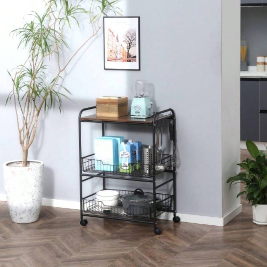 HOMCOM 3 Tier Rolling Kitchen Cart with Storage, Kitchen Island Cart on Wheels with 2 Sliding Fruit Basket, Microwave Cart with Side Hooks Dining Room, Walnut