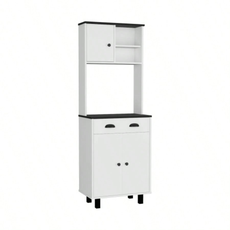 DEPOT E - SHOP Waco 67 H Kitchen Pantry with Two Cabinets, Two Open Shelves, and One Drawer, White/Black