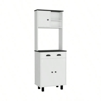 DEPOT E - SHOP Waco 67 H Kitchen Pantry with Two Cabinets, Two Open Shelves, and One Drawer, White/Black