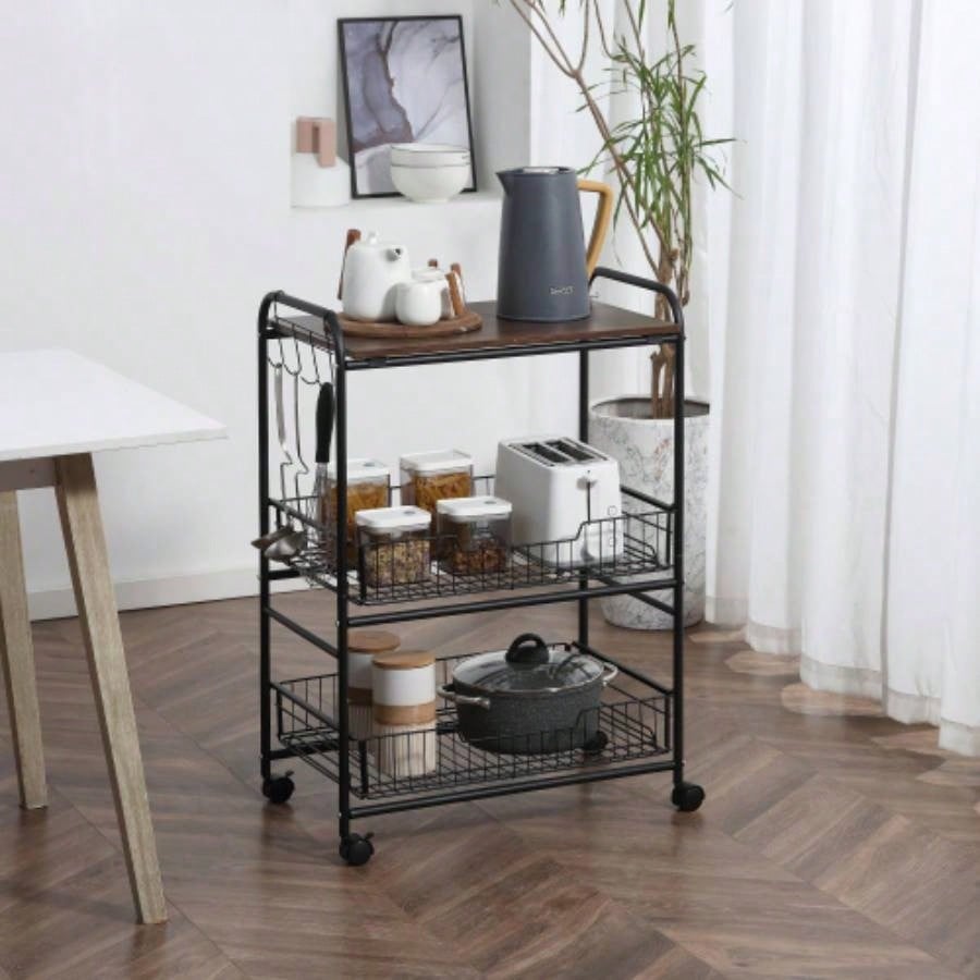 HOMCOM 3 Tier Rolling Kitchen Cart with Storage, Kitchen Island Cart on Wheels with 2 Sliding Fruit Basket, Microwave Cart with Side Hooks Dining Room, Walnut