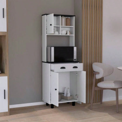 DEPOT E - SHOP Waco 67 H Kitchen Pantry with Two Cabinets, Two Open Shelves, and One Drawer, White/Black