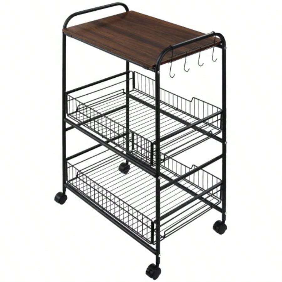 HOMCOM 3 Tier Rolling Kitchen Cart with Storage, Kitchen Island Cart on Wheels with 2 Sliding Fruit Basket, Microwave Cart with Side Hooks Dining Room, Walnut