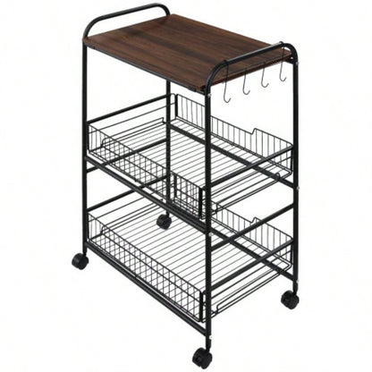 HOMCOM 3 Tier Rolling Kitchen Cart with Storage, Kitchen Island Cart on Wheels with 2 Sliding Fruit Basket, Microwave Cart with Side Hooks Dining Room, Walnut