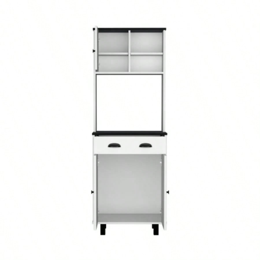 DEPOT E - SHOP Waco 67 H Kitchen Pantry with Two Cabinets, Two Open Shelves, and One Drawer, White/Black