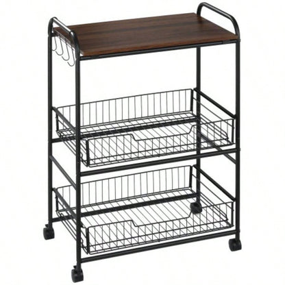 HOMCOM 3 Tier Rolling Kitchen Cart with Storage, Kitchen Island Cart on Wheels with 2 Sliding Fruit Basket, Microwave Cart with Side Hooks Dining Room, Walnut