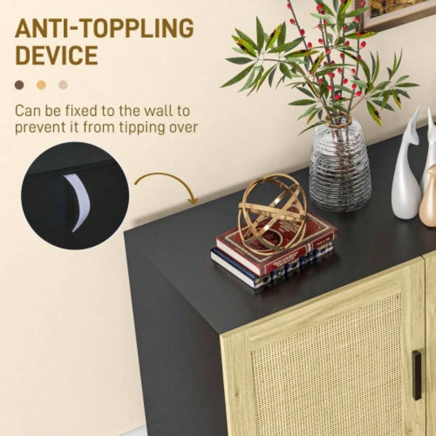 HOMCOM Sideboard Buffet Cabinet, Kitchen Cabinet, Coffee Bar Cabinet with 3 Rattan Doors and Adjustable Shelves, Black and Natural