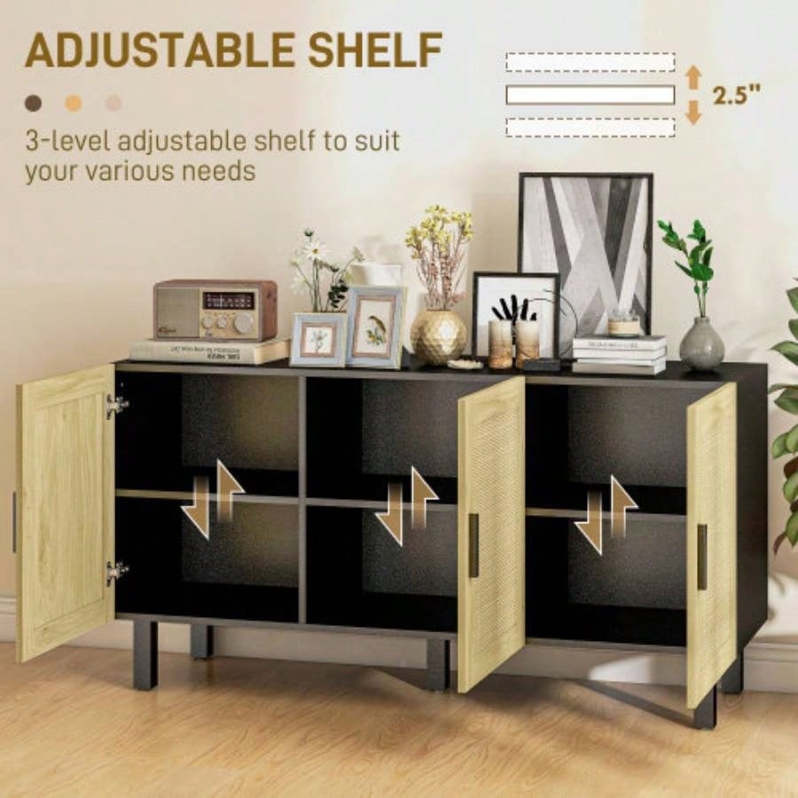 HOMCOM Sideboard Buffet Cabinet, Kitchen Cabinet, Coffee Bar Cabinet with 3 Rattan Doors and Adjustable Shelves, Black and Natural
