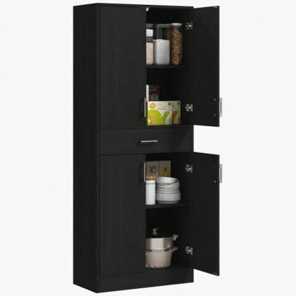 HOMCOM 71 Kitchen Pantry Cabinet with Drawer and Adjustable Shelf, Freestanding Tall Storage Cabinet with 2 Double Door Cupboards, Distressed Black