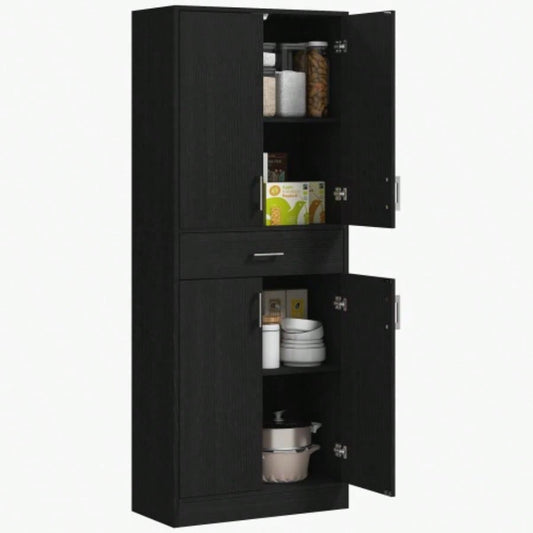 HOMCOM 71 Kitchen Pantry Cabinet with Drawer and Adjustable Shelf, Freestanding Tall Storage Cabinet with 2 Double Door Cupboards, Distressed Black