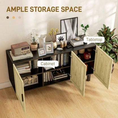 HOMCOM Sideboard Buffet Cabinet, Kitchen Cabinet, Coffee Bar Cabinet with 3 Rattan Doors and Adjustable Shelves, Black and Natural