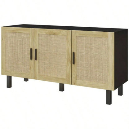 HOMCOM Sideboard Buffet Cabinet, Kitchen Cabinet, Coffee Bar Cabinet with 3 Rattan Doors and Adjustable Shelves, Black and Natural