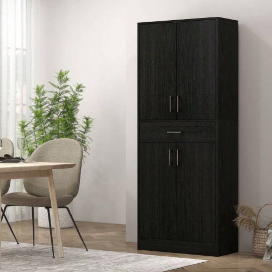 HOMCOM 71 Kitchen Pantry Cabinet with Drawer and Adjustable Shelf, Freestanding Tall Storage Cabinet with 2 Double Door Cupboards, Distressed Black
