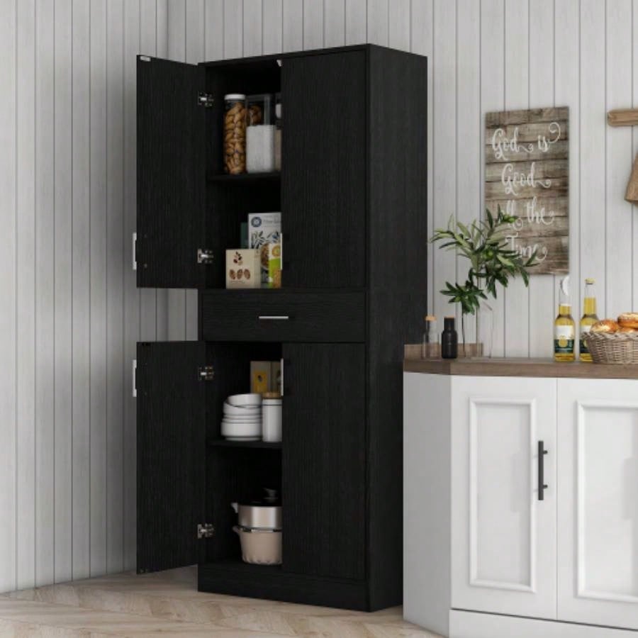 HOMCOM 71 Kitchen Pantry Cabinet with Drawer and Adjustable Shelf, Freestanding Tall Storage Cabinet with 2 Double Door Cupboards, Distressed Black