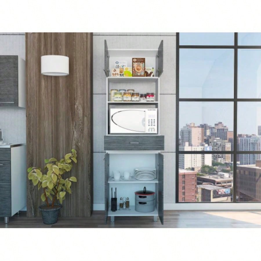 Pembrooke 2 - Shelf 1 - Drawer Microwave Pantry Cabinet Smokey Oak and White