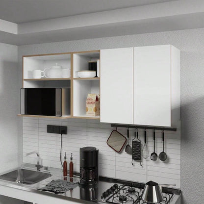 Wall - Mounted Kitchen Cabinet with Microwave Space, Open Shelves, and Double Doors - Natural Oak and White