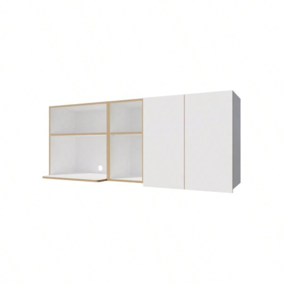 Wall - Mounted Kitchen Cabinet with Microwave Space, Open Shelves, and Double Doors - Natural Oak and White