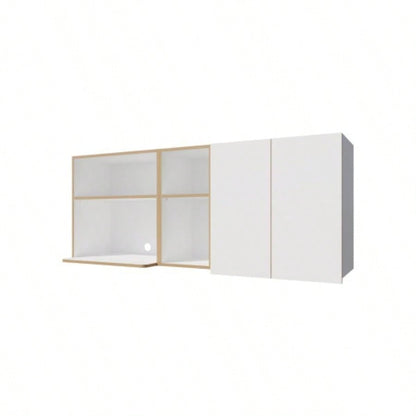 Wall - Mounted Kitchen Cabinet with Microwave Space, Open Shelves, and Double Doors - Natural Oak and White