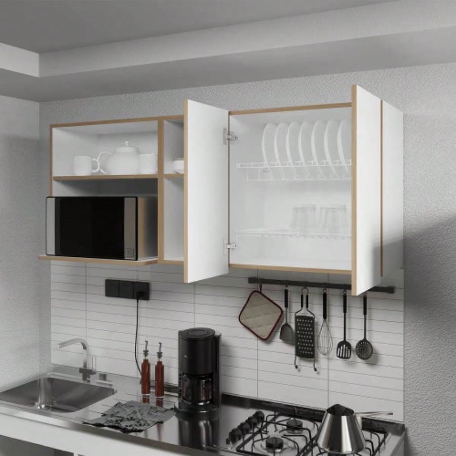 Wall - Mounted Kitchen Cabinet with Microwave Space, Open Shelves, and Double Doors - Natural Oak and White