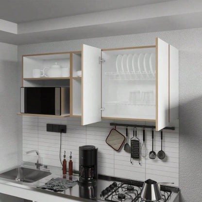 Wall - Mounted Kitchen Cabinet with Microwave Space, Open Shelves, and Double Doors - Natural Oak and White