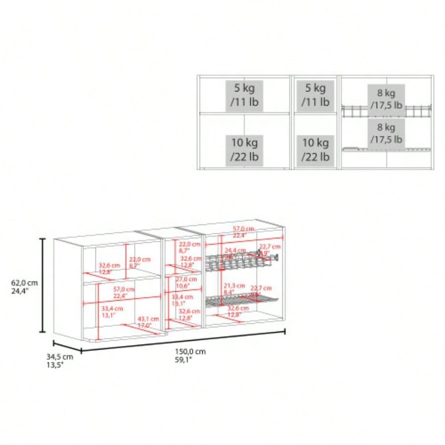 Wall - Mounted Kitchen Cabinet with Microwave Space, Open Shelves, and Double Doors - Natural Oak and White