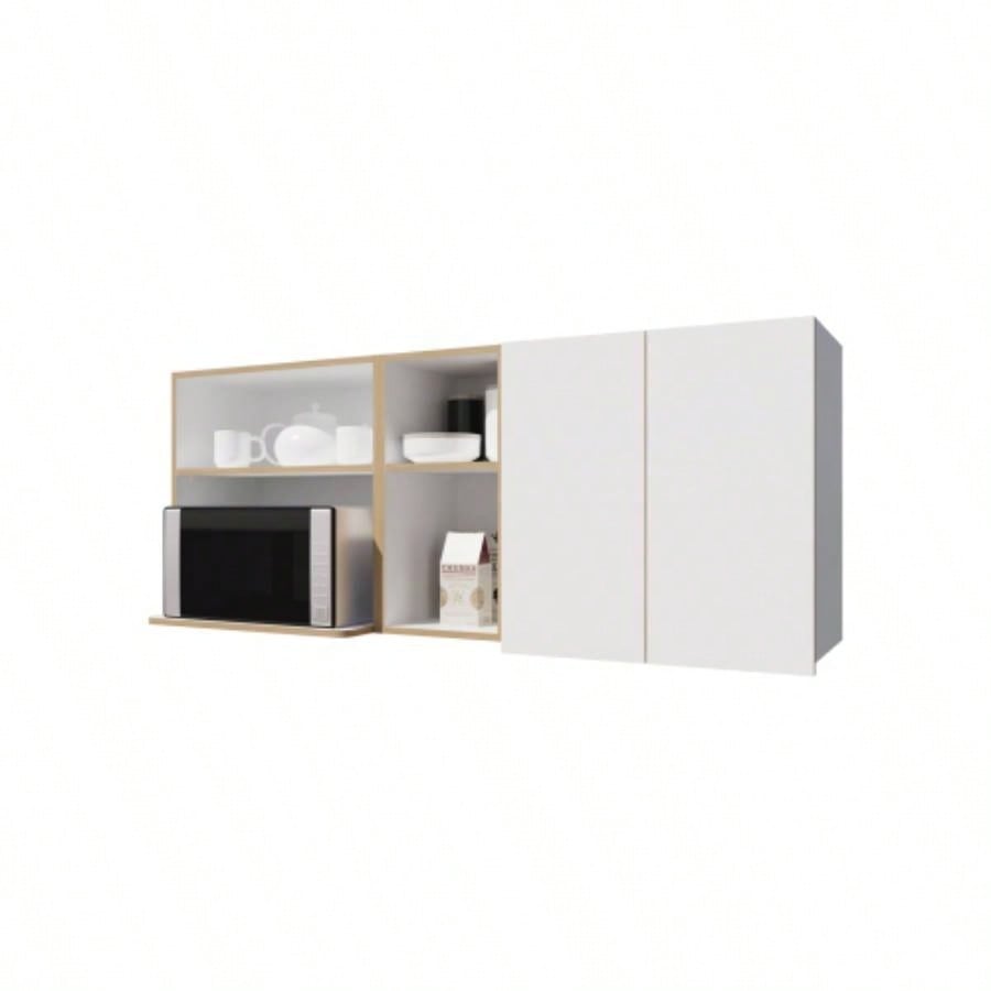 Wall - Mounted Kitchen Cabinet with Microwave Space, Open Shelves, and Double Doors - Natural Oak and White