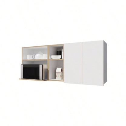 Wall - Mounted Kitchen Cabinet with Microwave Space, Open Shelves, and Double Doors - Natural Oak and White