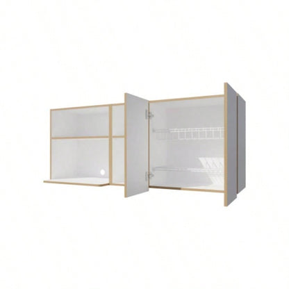 Wall - Mounted Kitchen Cabinet with Microwave Space, Open Shelves, and Double Doors - Natural Oak and White