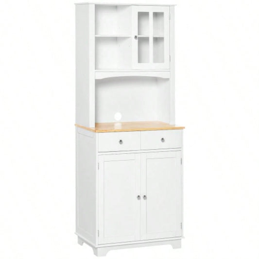 HOMCOM Freestanding 67 Kitchen Buffet with Hutch, Pantry Cabinet with Microwave Stand, Adjustable Shelf, 2 Drawers, Cupboard, White
