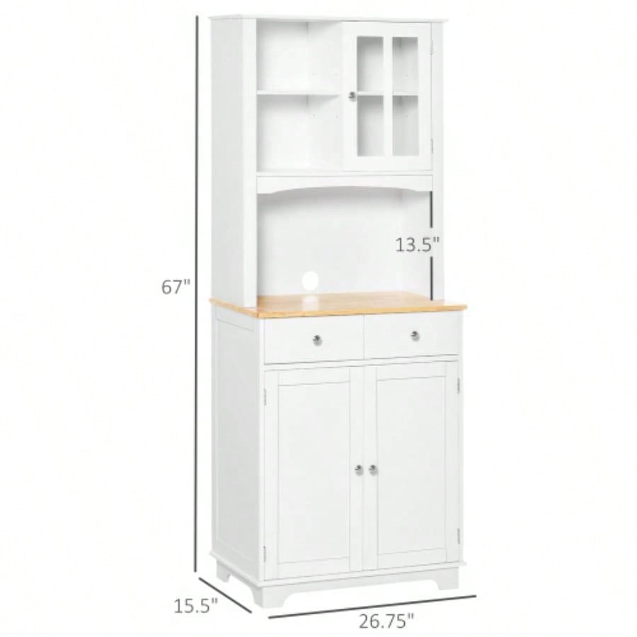 HOMCOM Freestanding 67 Kitchen Buffet with Hutch, Pantry Cabinet with Microwave Stand, Adjustable Shelf, 2 Drawers, Cupboard, White